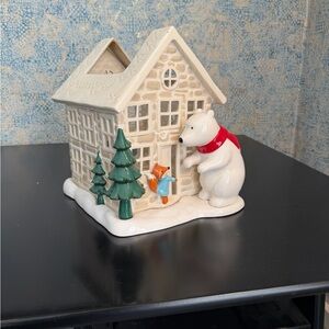 Charming Holiday House with Polar Bear and Trees- 3 wick Candle Holder